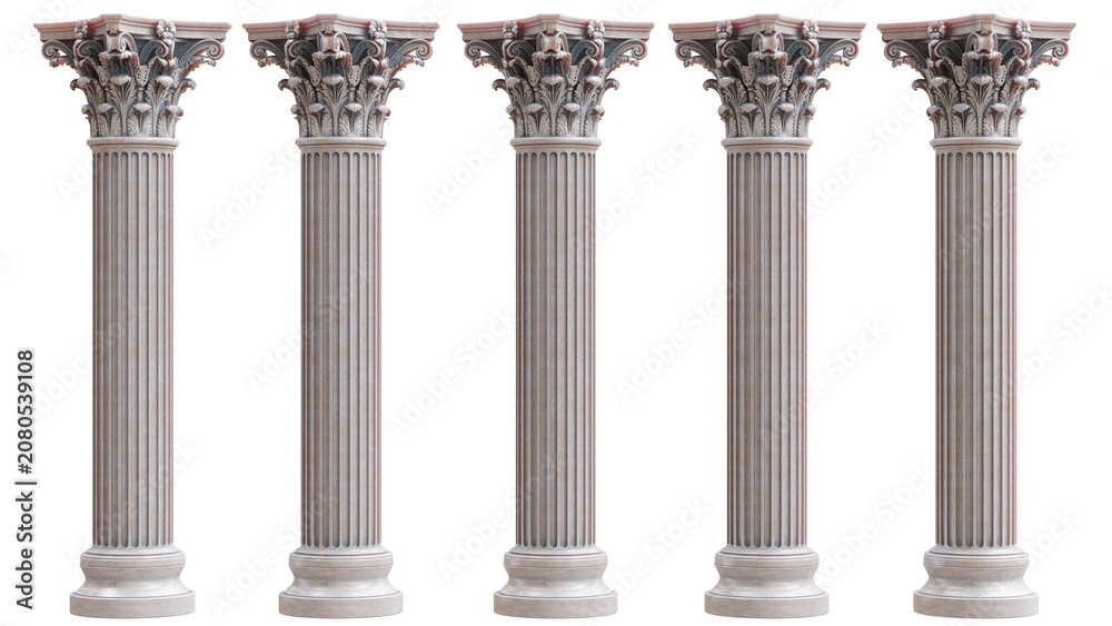 Obraz premium Five ornate Corinthian marble columns with fluted shafts and carved acanthus capitals stand isolated on white transparent