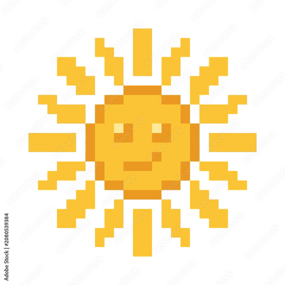 Fototapeta premium Pixel art smiling sun character.