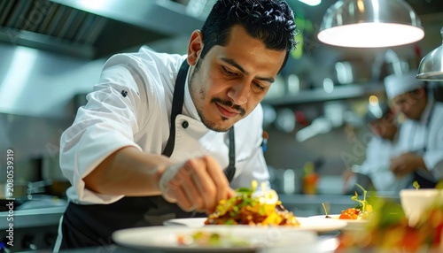 Focused male chef arranging ingredients on restaurant plate.