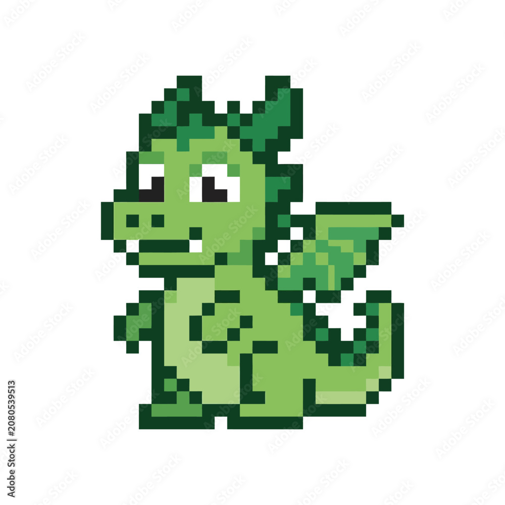 Fototapeta premium Pixel art green dragon creature.