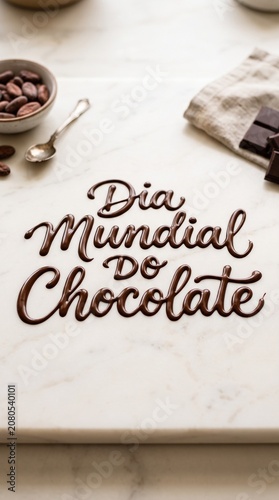 Tipografia em chocolate derretido escorrendo sobre superfície clara para campanhas modernas e impactantes do Dia Mundial do Chocolate