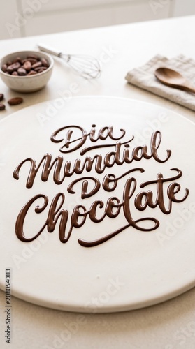 Tipografia em chocolate derretido escorrendo sobre superfície clara para campanhas modernas e impactantes do Dia Mundial do Chocolate