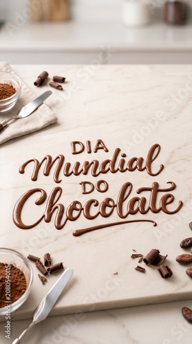 Tipografia em chocolate derretido escorrendo sobre superfície clara para campanhas modernas e impactantes do Dia Mundial do Chocolate