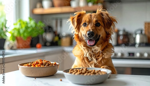 Fluffy dog sitting in kitchen with food bowls.