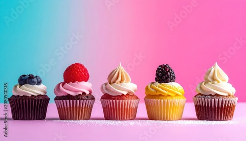 Five berry cupcakes lined up on pink background.