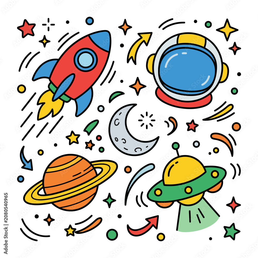 Fototapeta premium Rockets, Planets, and UFOs in a Colorful Cosmic Illustration
