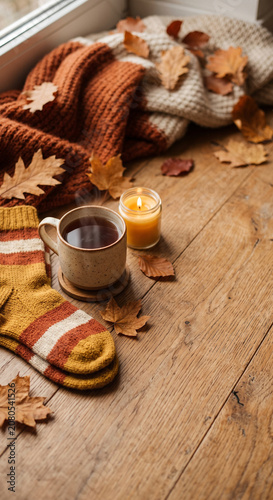 Ceramic mug, candle, cookies, plaid textile, knit sweaters, and dry leaves on a rustic wooden table with layered seasonal textures.