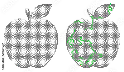 Canvas-taulu Vector maze in the shape of an apple with the solution on a transparent backgrou