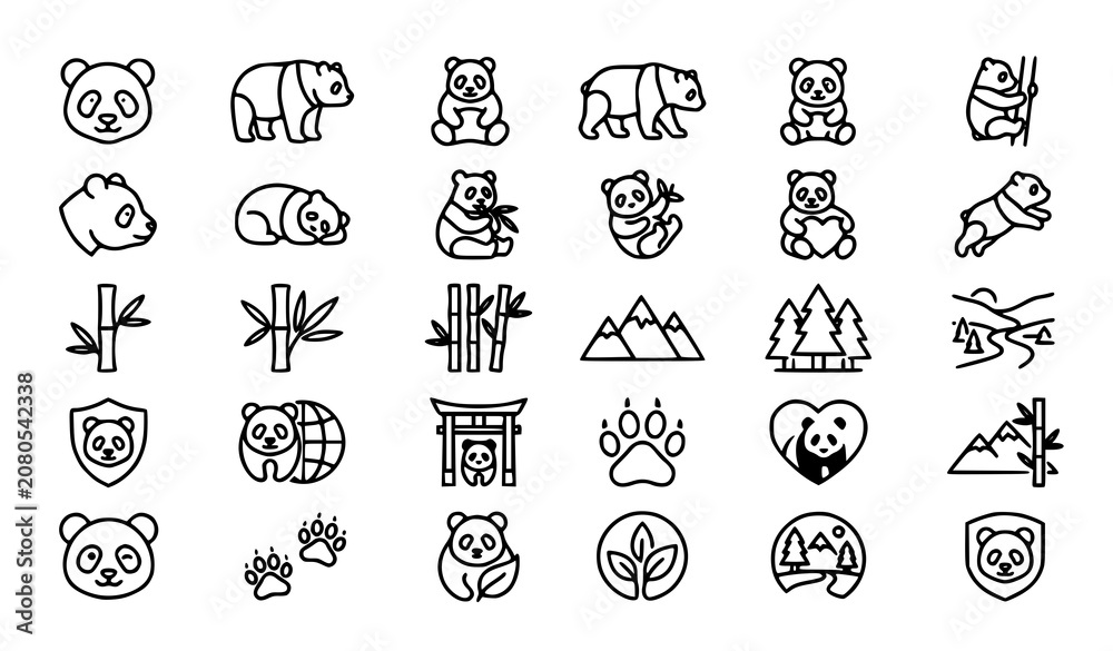 Fototapeta premium Animal Nature and Travel Outline Icon Collection Featuring Panda Bear Mountains Temple and Wildlife Elements