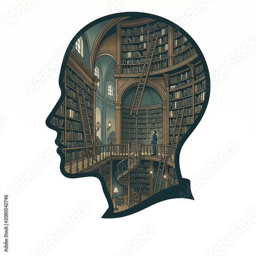 Surreal Illustration of a Human Head Silhouette Filled with a Grand Classical Library Symbolizing Knowledge and Wisdom