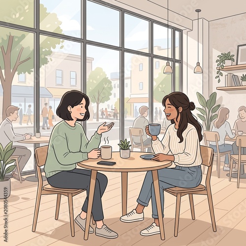 Two friends talking over coffee in a bright cafe setting with casual mood