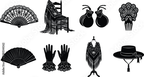 Obraz na plátne Set of traditional Spanish flamenco dance accessories including fans, shawls, ca