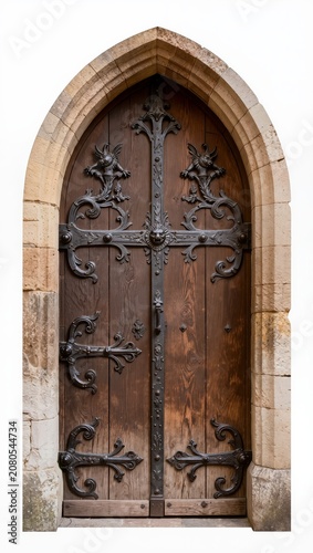 Collection of medieval gothic wooden church doors isolated on white background