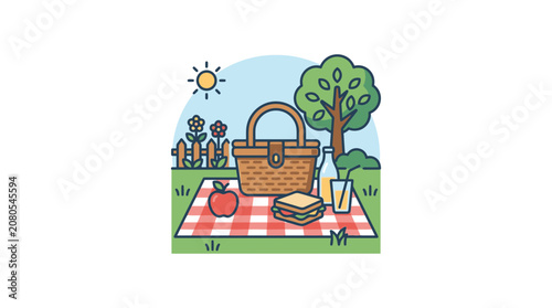 Summer Picnic Basket with Food on Blanket in Park with Sunny Day and Tree