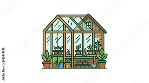 Cozy Greenhouse with Seedlings and Gardening Tools, Vector Illustration