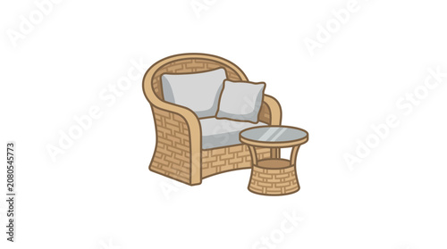 Wicker Armchair with Side Table - Cozy Outdoor Furniture Illustration