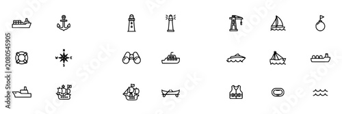 Ocean Transport Icons Set with Cargo Ship, Sailboat, Submarine, Lighthouse and Anchor Symbols in Simple Line Style