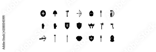Medieval Weapon and Armor Icons Featuring Shields, Swords, Arrows, and Helmets in Black and White Featuring Shield, Sword, Arrow