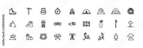 Mountain Adventure Icons Including Hiking, Camping, and Climbing Equipment Featuring Outdoor, Nature, Trekking with Backpack