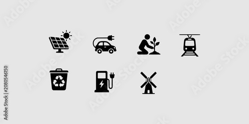 Fotografie Icon set collection of renewable energy, eco-friendly transportation, solar power, electric vehicles, and sustainable planting for a greener future