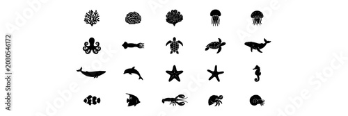 Marine Life Icons Set with Coral, Fish, Starfish, Seaweed, and Ocean Animals in Minimalist Vector Style