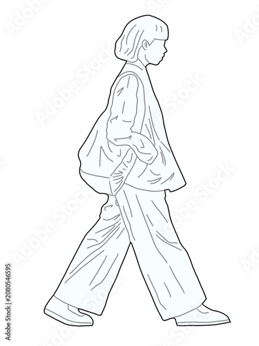 Full Length Girl in Oversized Clothes with Large Bag Walking Forward, Minimalist Linear Illustration, Isolated on Transparent Background