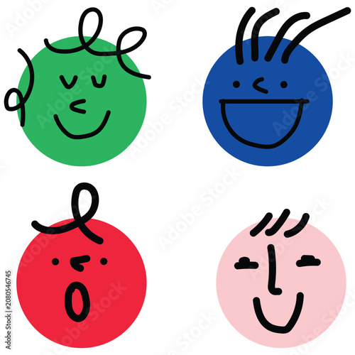 Hand drawn vector graphics with colorful smiley faces and arrows