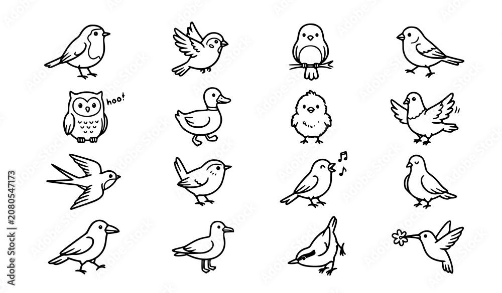Obraz premium Hand Drawn Bird Collection with Sparrow Owl Swallow Pigeon and Flying Songbird Outline Vector Set