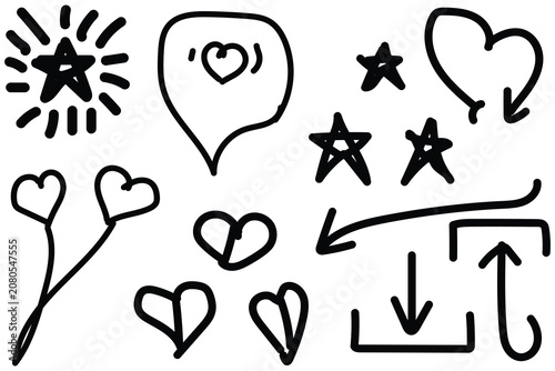 Hand drawn vector graphics with hearts stars and arrows