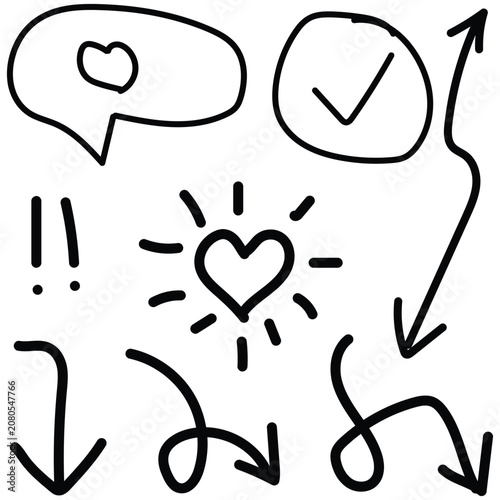 Hand drawn vector graphics with heart and arrow symbols for design