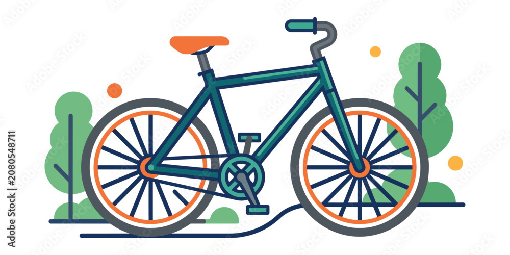 Fototapeta premium Modern Flat Bicycle Vector Illustration with Trees and Nature Background - Urban Cycling, Eco Friendly Transportation, Outdoor Lifestyle, Minimal Line Art Design