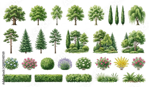 Obraz na plátně Realistic Trees Shrubs Bushes and Hedges Collection for Landscape Garden and Nat