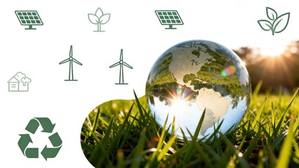 Glass globe in grass with eco icons