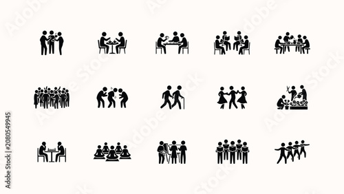 Modern black and white icon set illustrating diverse social gatherings and human interactions in various settings