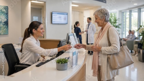 Friendly hospital receptionist welcoming senior patient at modern healthcare clinic reception desk