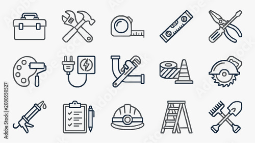 Industrial Black and White Line Drawing Toolkit Icons Set for Construction Repair and Safety Equipment