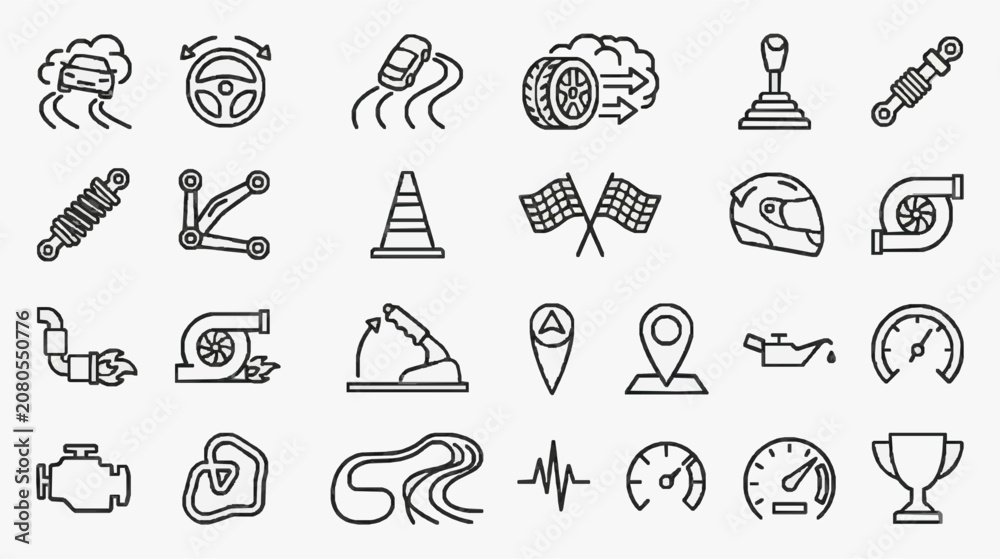 Fototapeta premium Professional Black and White Line Icons Set Featuring Car Parts Racing Elements Navigation and Vehicle Maintenance Symbols