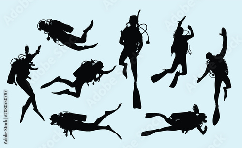 Tableau sur toile Scuba Diver Silhouettes Black Vector Illustration Against Light Blue Background