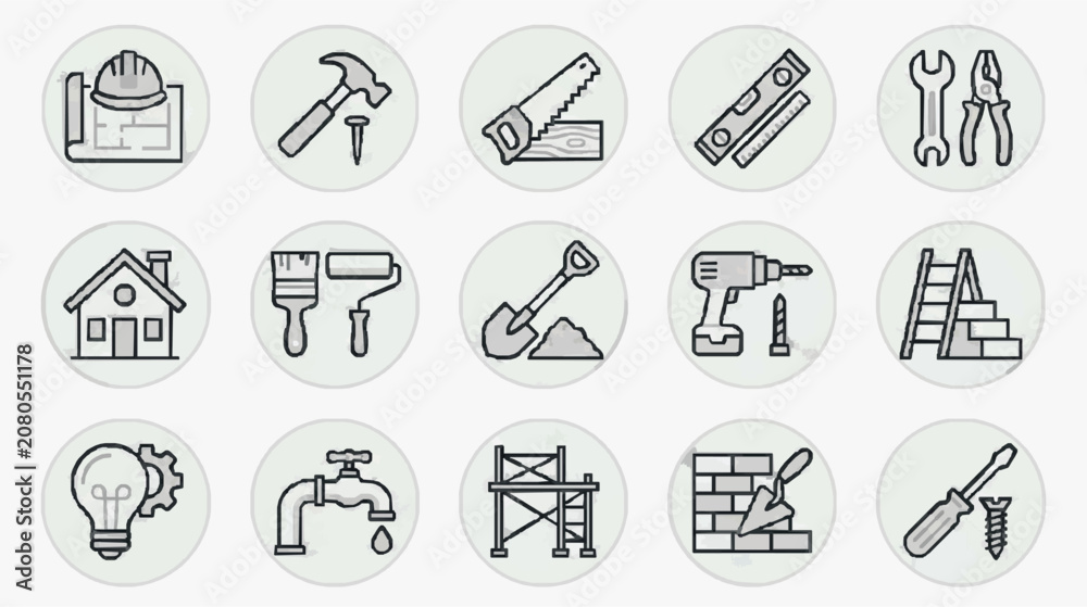 Fototapeta premium Minimalist Black and White Line Icons Set of 15 Essential Construction and Home Repair Tools and Equipment