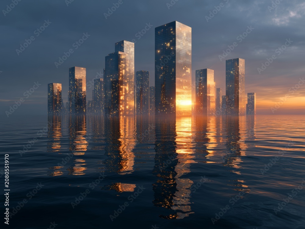 Fototapeta premium Floating glass city above ocean at sunset, glowing skyscrapers reflecting on water, cinematic wide shot, ultra realistic architecture concept. 