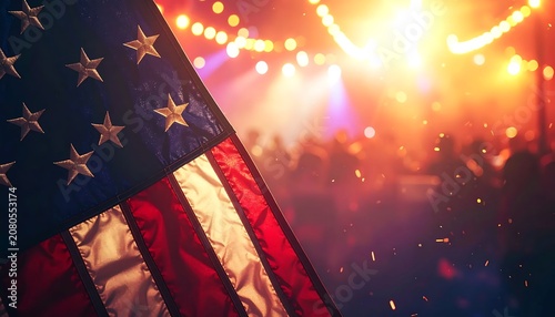American flag waving during a festive celebration with blurred lights.