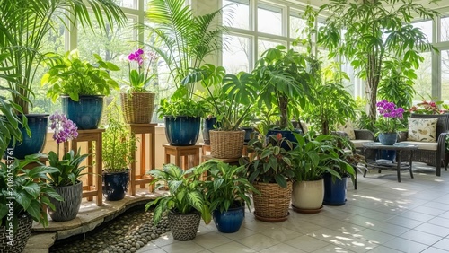 Lush indoor house plants with green leaves and colorful orchids in pots arranged in sunlit room conservatory creating tranquil and refreshing botanical oasis atmosphere