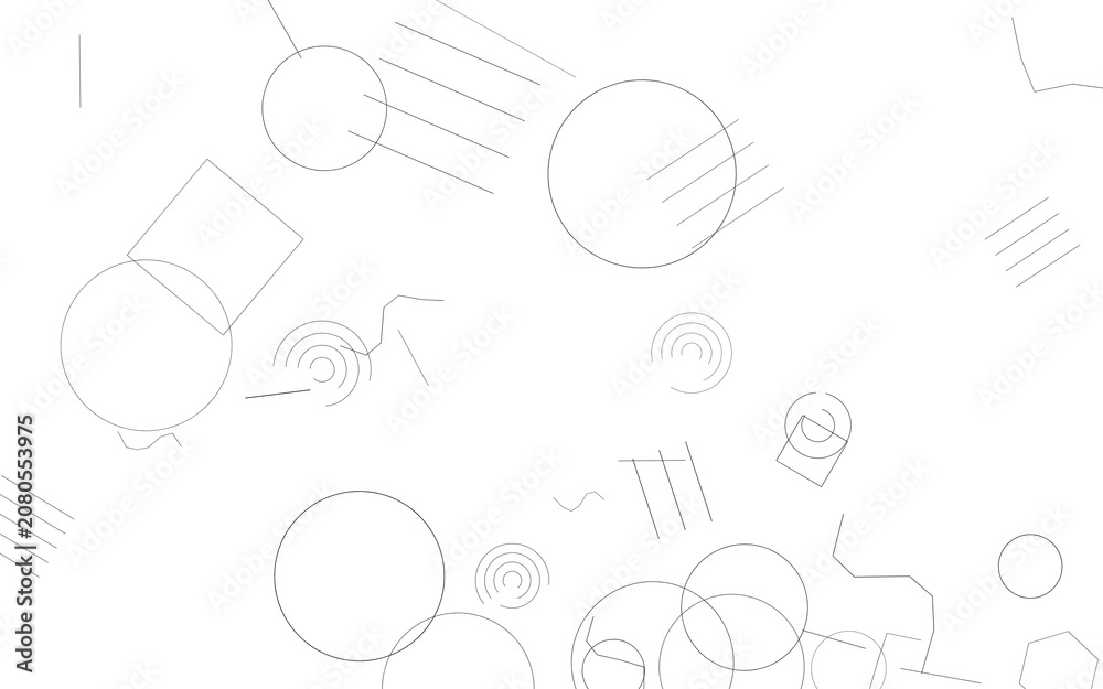 Fototapeta premium Minimalist abstract composition featuring thin black line circles squares and geometric patterns arranged on a clean white background created with a simple digital vector graphic style