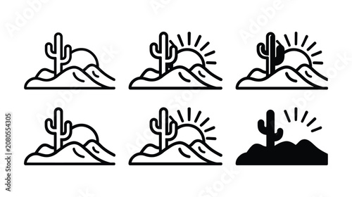 Cactus icon set of desert landscape line art symbols