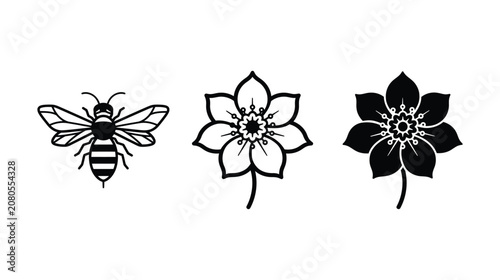 Bee icon vector illustration set with floral botanical elements