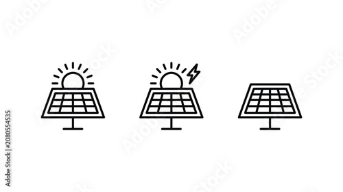 Solar panel icon line art set with sun and power symbols
