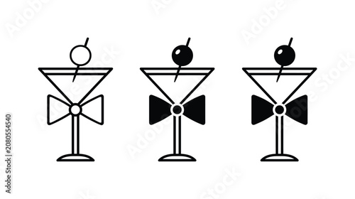 Cocktail glass icon set with bow tie and cherry details black