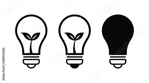 Light bulb icon line art and solid set with green plant concept