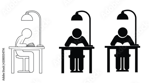Person icon vector set showing people reading under desk lamps