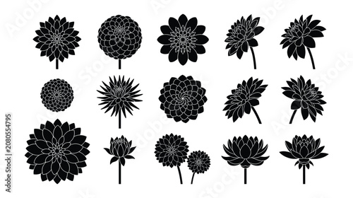 Tableau sur toile Dahlia Flower Silhouettes, Flat Vector Garden Bloom Icon Set and Black Silhouett